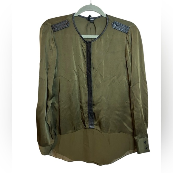 Club Monaco Olive Green Silk Leather Trim Blouse - Picture 2 of 4
